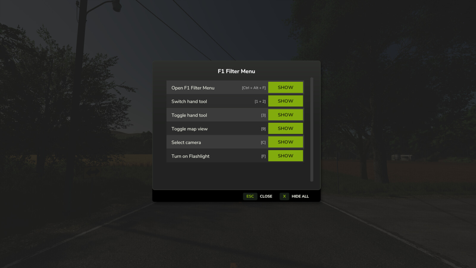 F1 Filter Menu