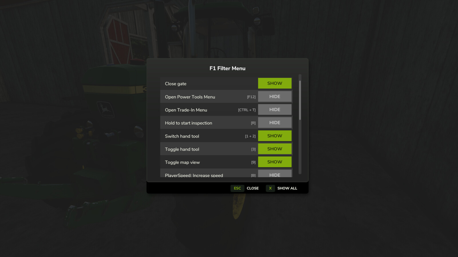 F1 Filter Menu