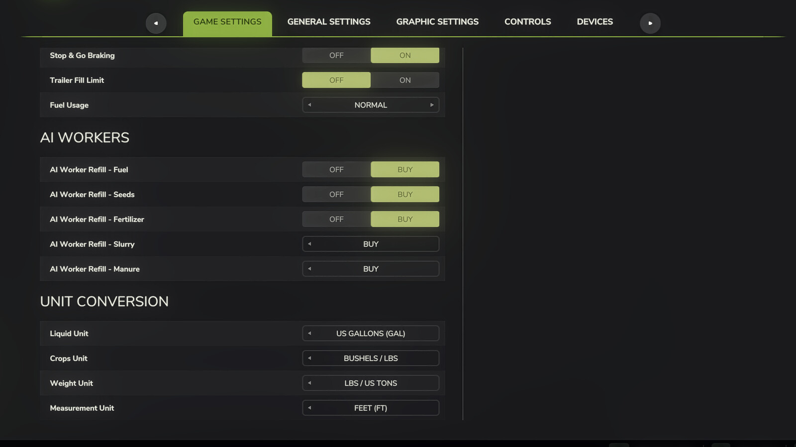 Imperial System Conversion Settings